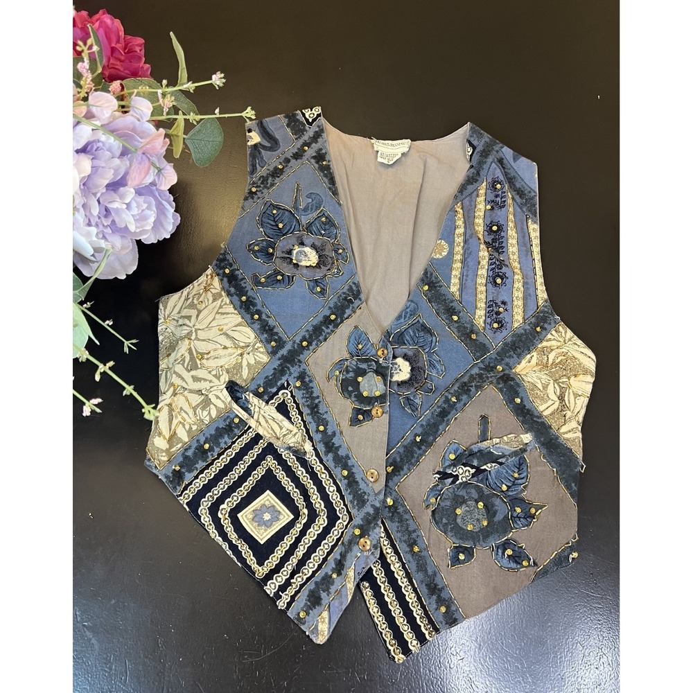 Fashion Passport Vintage 90s Tan Blue Beaded Sequin Floral Boho Vest S Whimsical